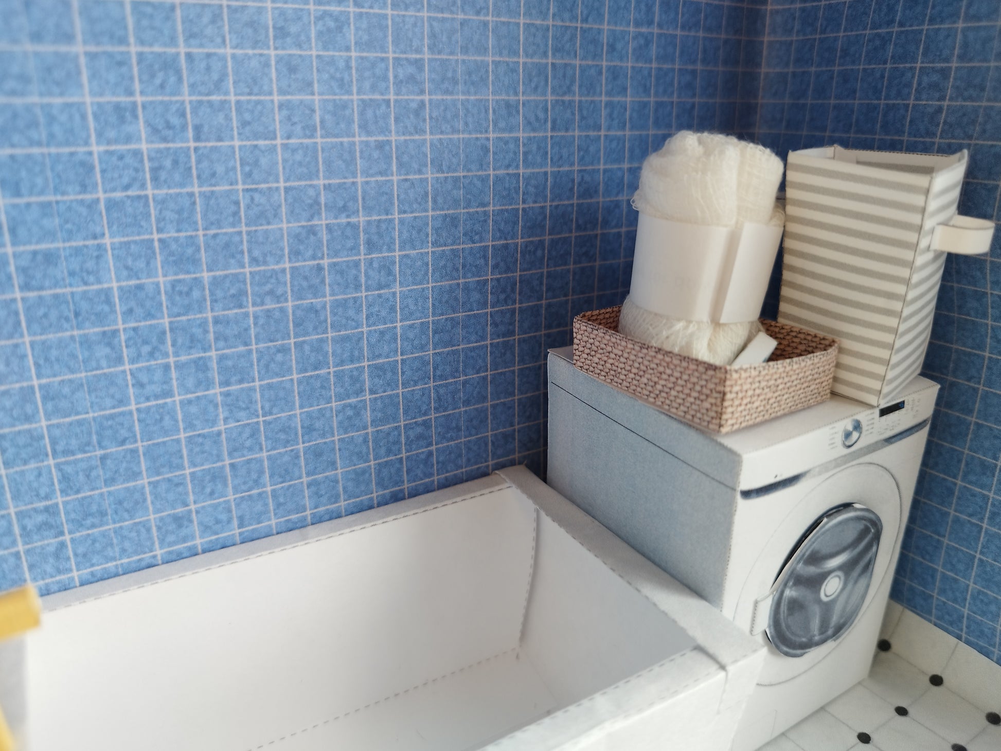 A digital printable template for a 1:12 scale dollhouse bathtub, designed for BMM shoe box bathroom scenes. The template features a detailed, elegant bathtub with clean lines, ready to be printed on regular paper, cut, and assembled for a miniature bathroom setup.