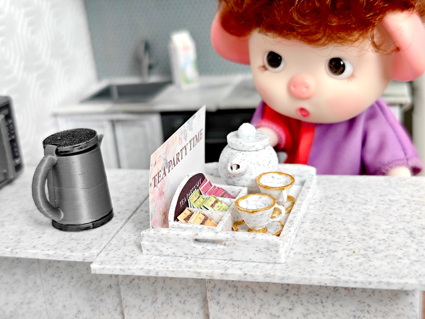 1:12 5 items Tea Party Set and box, mini tea pot, tea box display. tea bags, cups and plates and Tea Party Tray, 3D printing STL