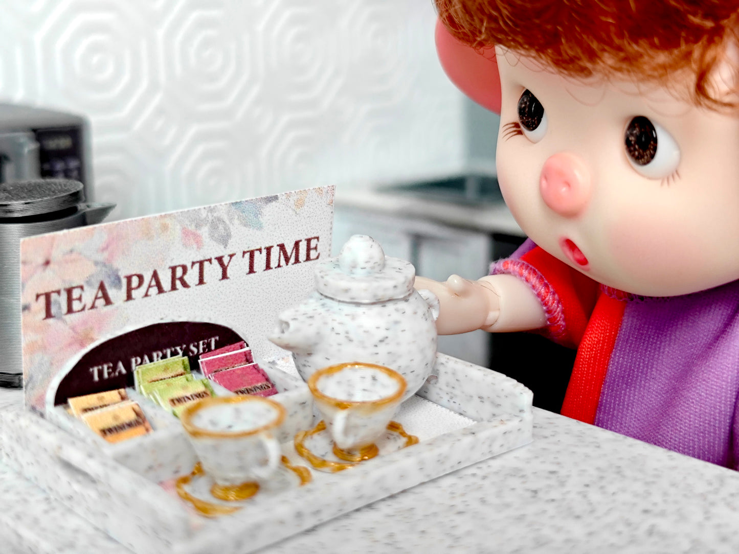 1:12 5 items Tea Party Set and box, mini tea pot, tea box display. tea bags, cups and plates and Tea Party Tray, 3D printing STL