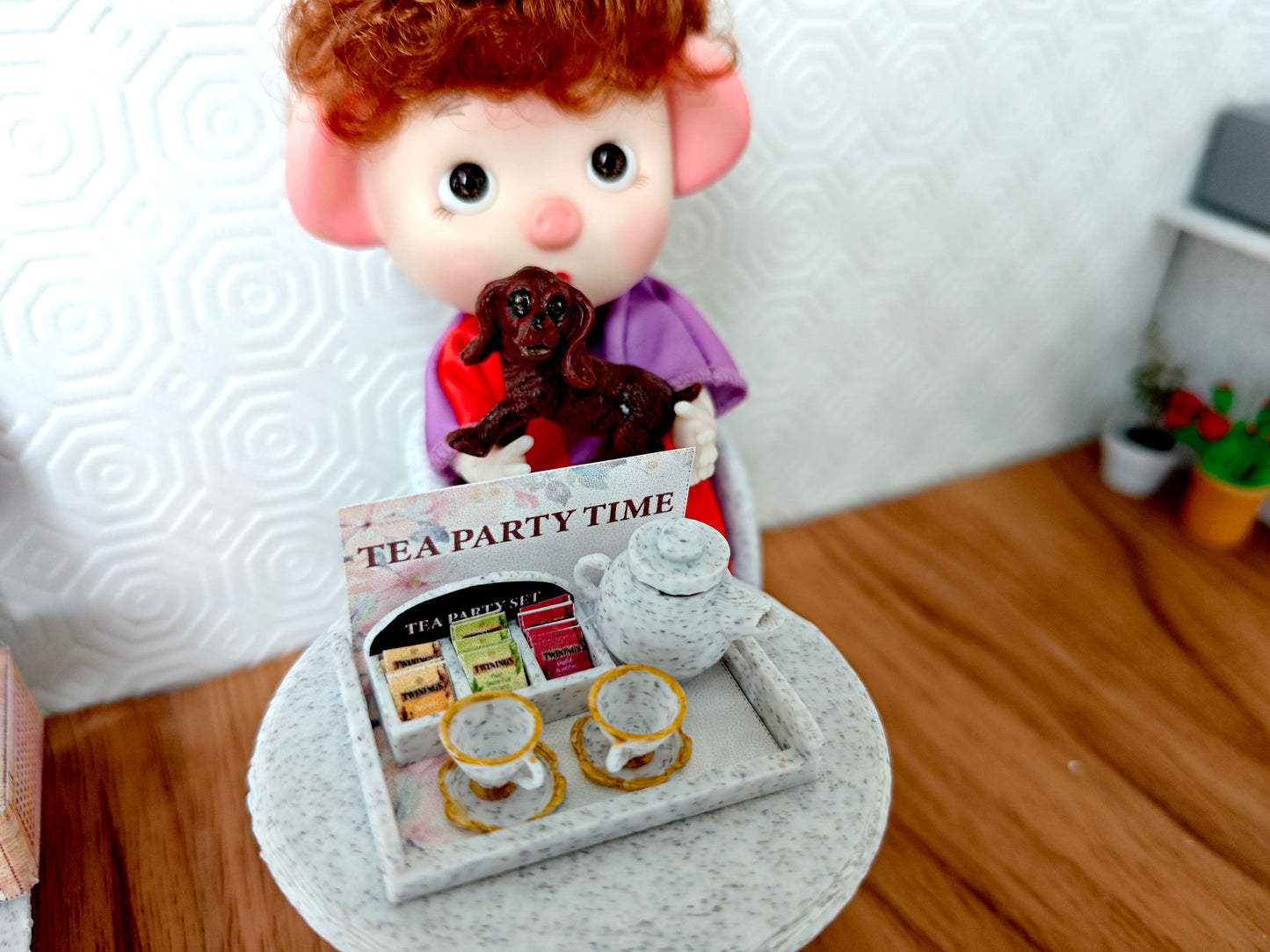 1:12 5 items Tea Party Set and box, mini tea pot, tea box display. tea bags, cups and plates and Tea Party Tray, 3D printing STL