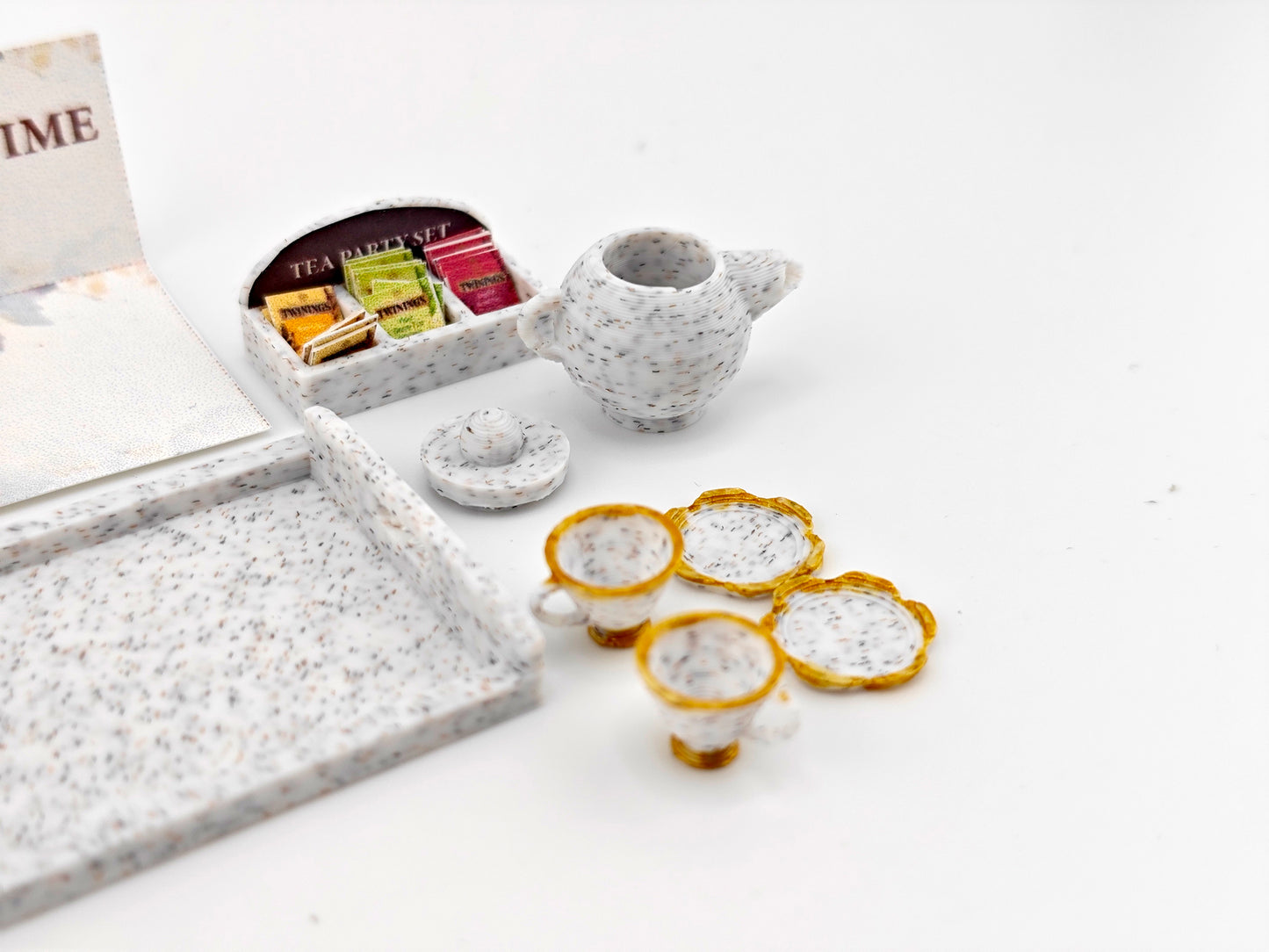 1:12 5 items Tea Party Set and box, mini tea pot, tea box display. tea bags, cups and plates and Tea Party Tray, 3D printing STL