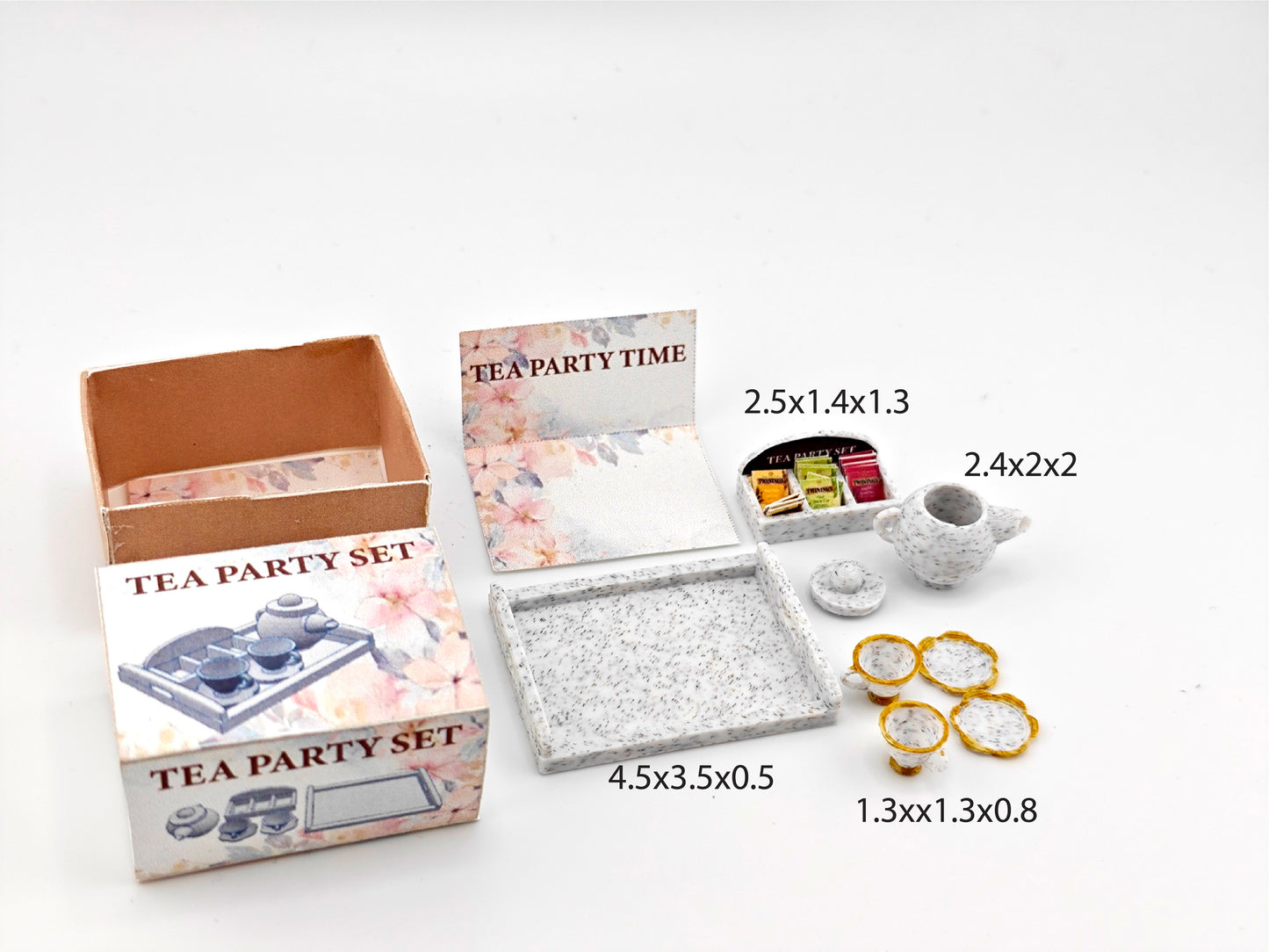1:12 5 items Tea Party Set and box, mini tea pot, tea box display. tea bags, cups and plates and Tea Party Tray, 3D printing STL