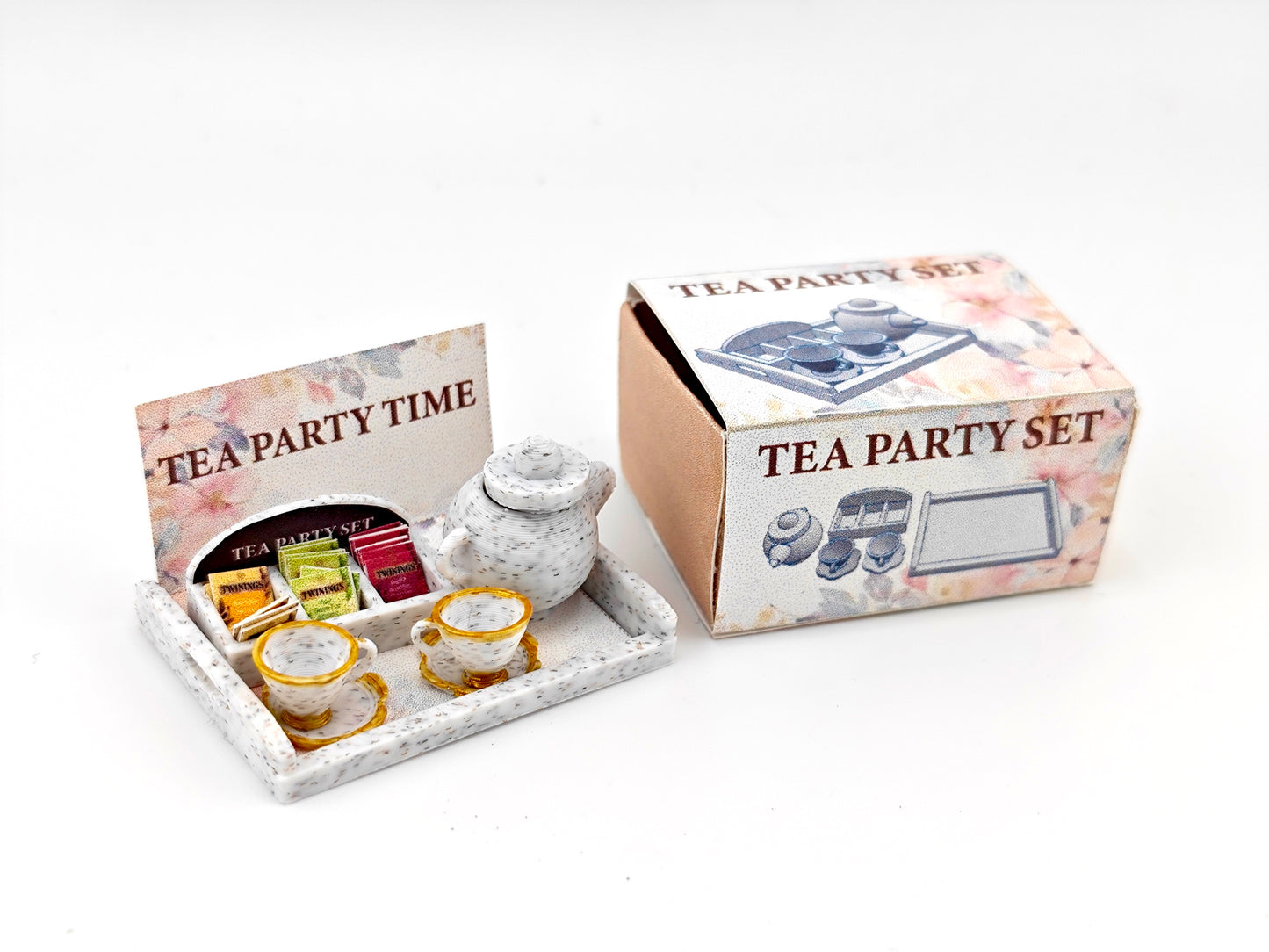 1:12 5 items Tea Party Set and box, mini tea pot, tea box display. tea bags, cups and plates and Tea Party Tray, 3D printing STL