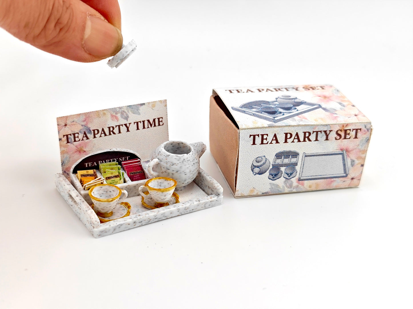 1:12 5 items Tea Party Set and box, mini tea pot, tea box display. tea bags, cups and plates and Tea Party Tray, 3D printing STL