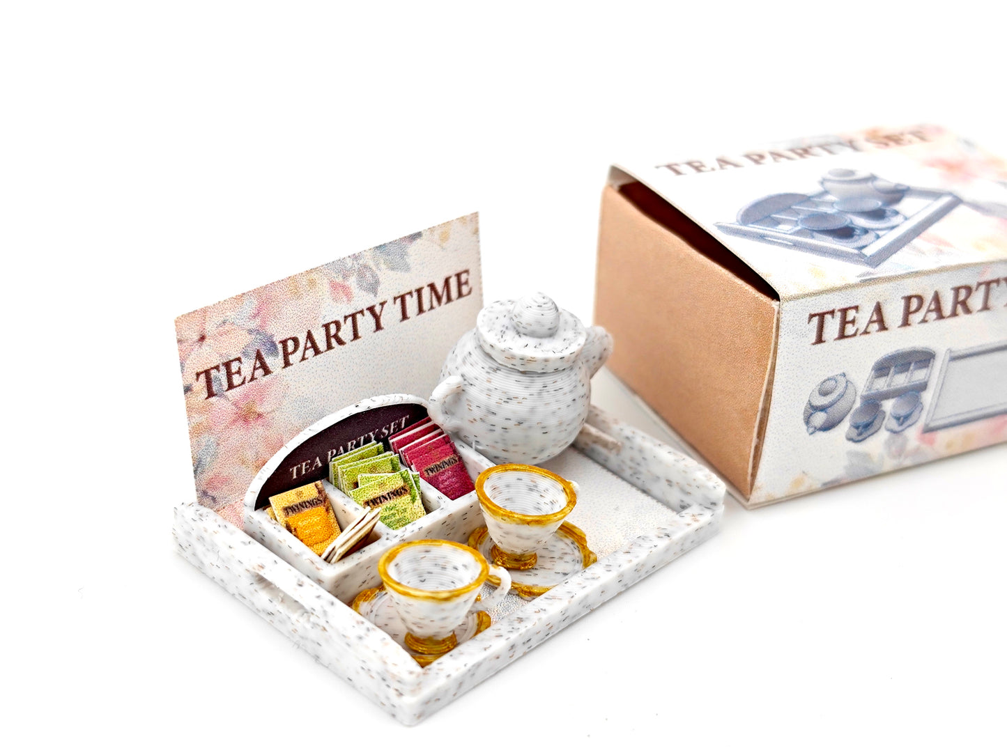 1:12 5 items Tea Party Set and box, mini tea pot, tea box display. tea bags, cups and plates and Tea Party Tray, 3D printing STL