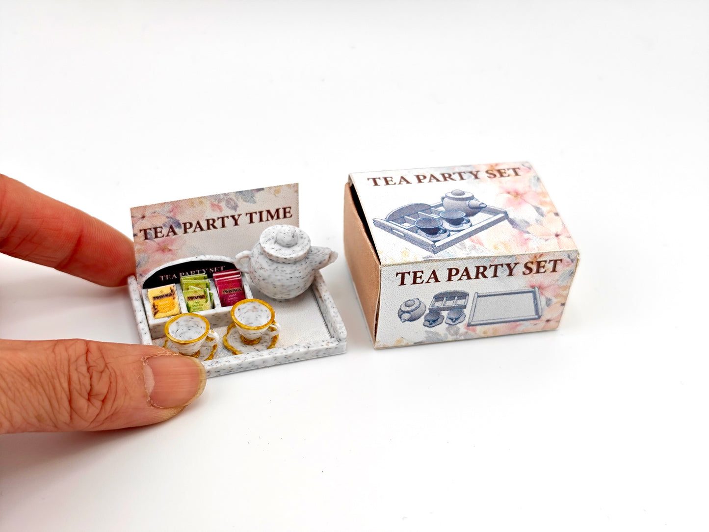 1:12 5 items Tea Party Set and box, mini tea pot, tea box display. tea bags, cups and plates and Tea Party Tray, 3D printing STL