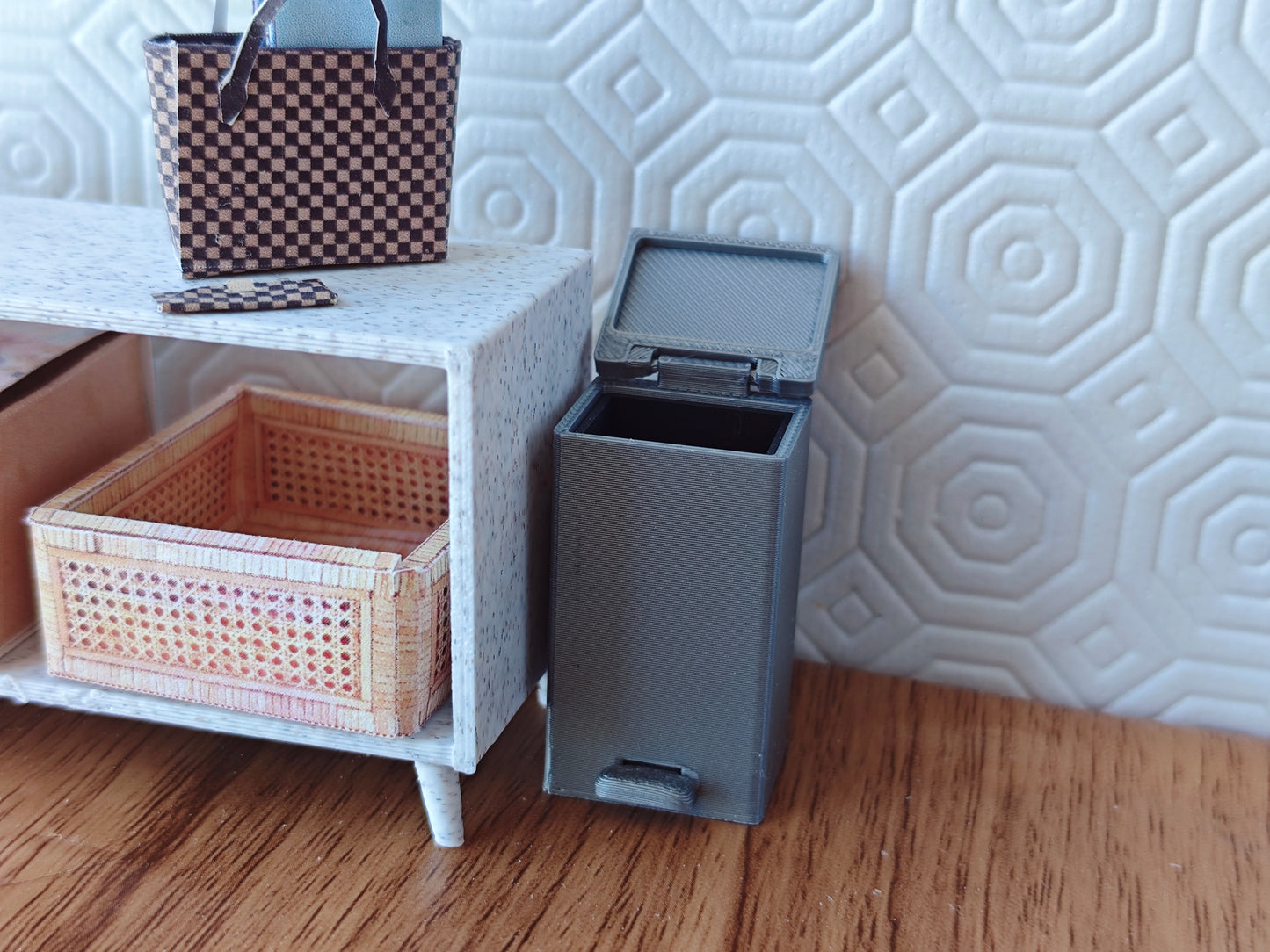 1:12 scale miniature trash can model, perfect for dollhouses, dioramas, or miniature scenes such as a kitchen or living room. The model replicates a modern, dual-compartment trash can with capacities of 30L and 15L in real-world scale (scaled down proportionally to 1:12), featuring a functional pedal mechanism for hands-free operation.