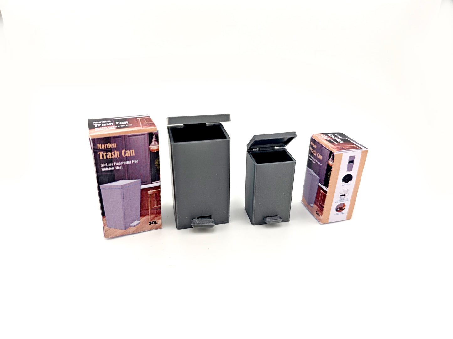 1:12 scale miniature trash can model, perfect for dollhouses, dioramas, or miniature scenes such as a kitchen or living room. The model replicates a modern, dual-compartment trash can with capacities of 30L and 15L in real-world scale (scaled down proportionally to 1:12), featuring a functional pedal mechanism for hands-free operation.