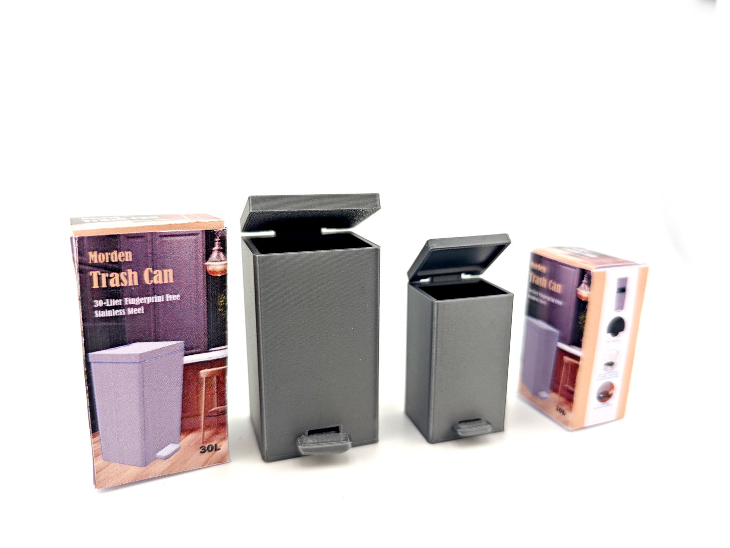 1:12 scale miniature trash can model, perfect for dollhouses, dioramas, or miniature scenes such as a kitchen or living room. The model replicates a modern, dual-compartment trash can with capacities of 30L and 15L in real-world scale (scaled down proportionally to 1:12), featuring a functional pedal mechanism for hands-free operation.