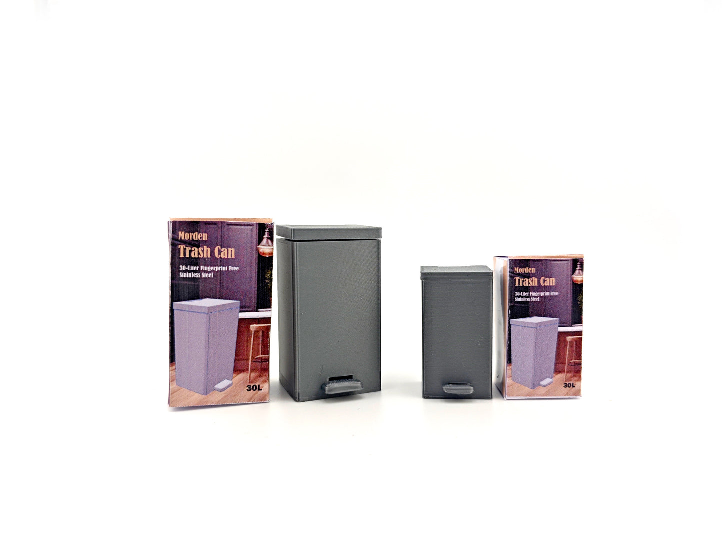 1:12 scale miniature trash can model, perfect for dollhouses, dioramas, or miniature scenes such as a kitchen or living room. The model replicates a modern, dual-compartment trash can with capacities of 30L and 15L in real-world scale (scaled down proportionally to 1:12), featuring a functional pedal mechanism for hands-free operation.