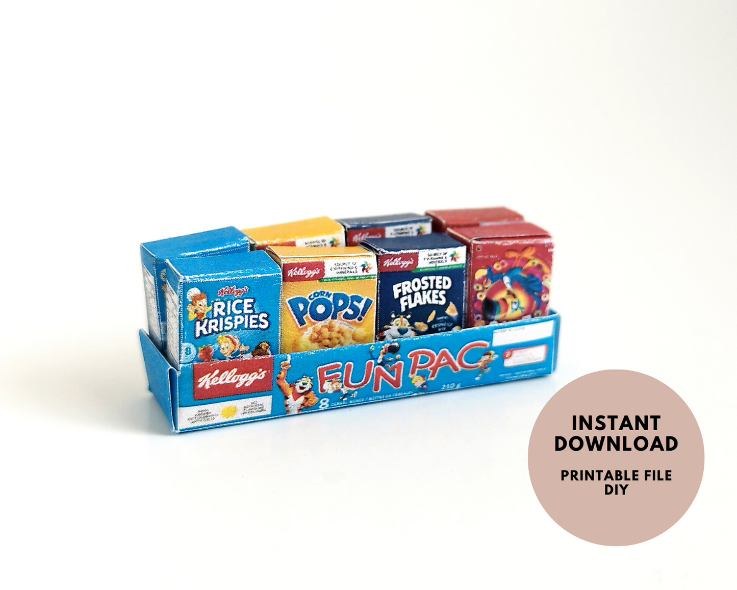 Add a classic breakfast vibe to your dollhouse with this 1:6 scale Mini Kellogg's Cereal Fun Pack, featuring a printable miniature template. Ideal for collectors and miniature fans looking for a fun, retro detail