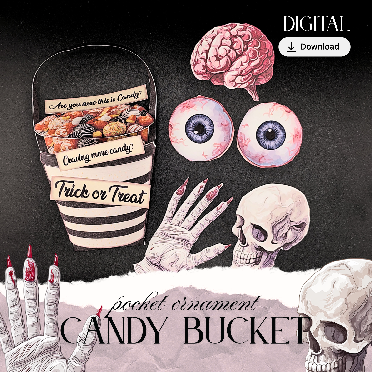 Halloween Candy Bucket Pocket Ephemera — DIY Craft Kit with Spooky Eyes & Bloody Hand