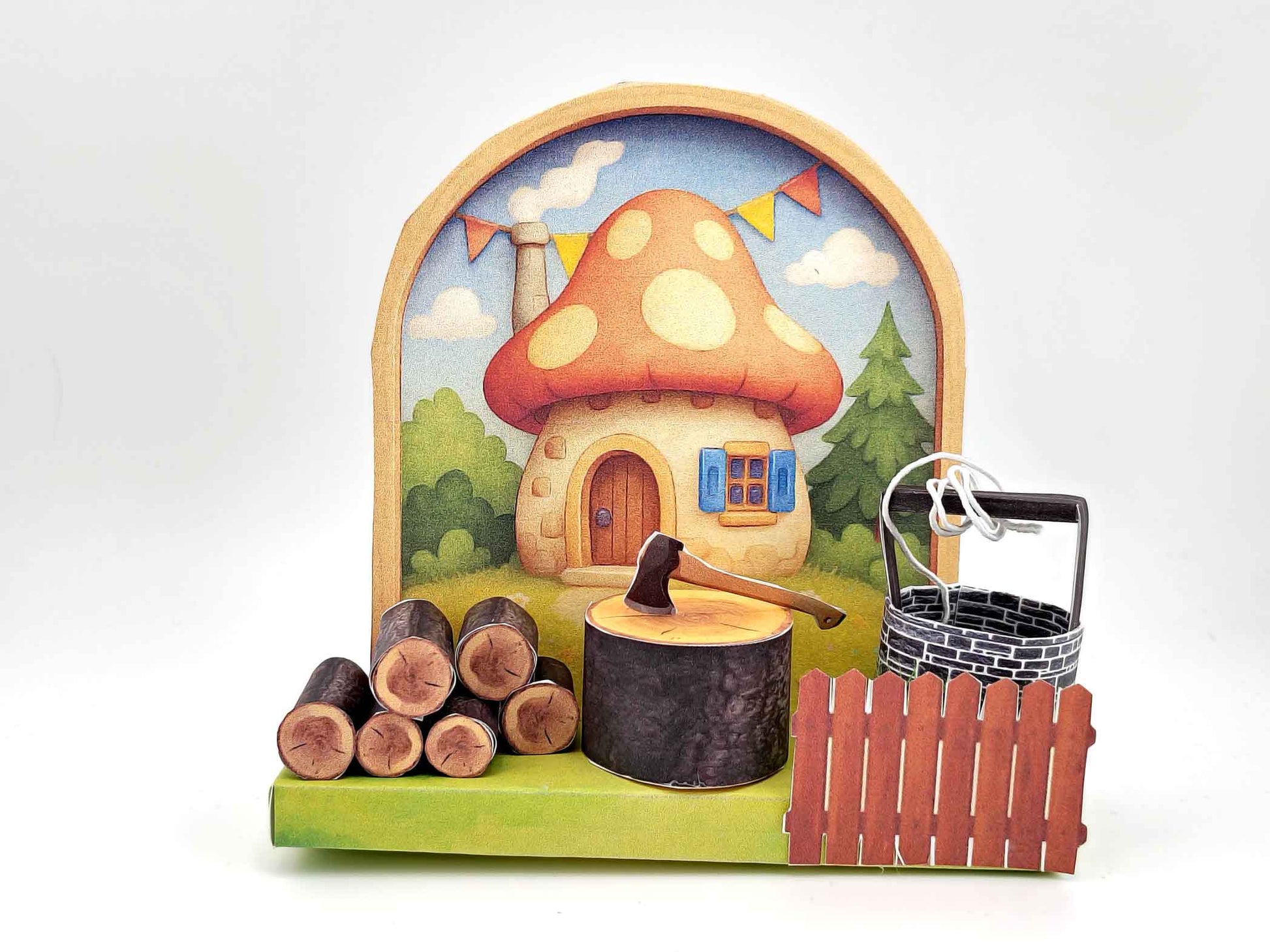 Mushroom Village Diorama: Miniature House, Water Well, Wood Pile (3cm Doll Scale)