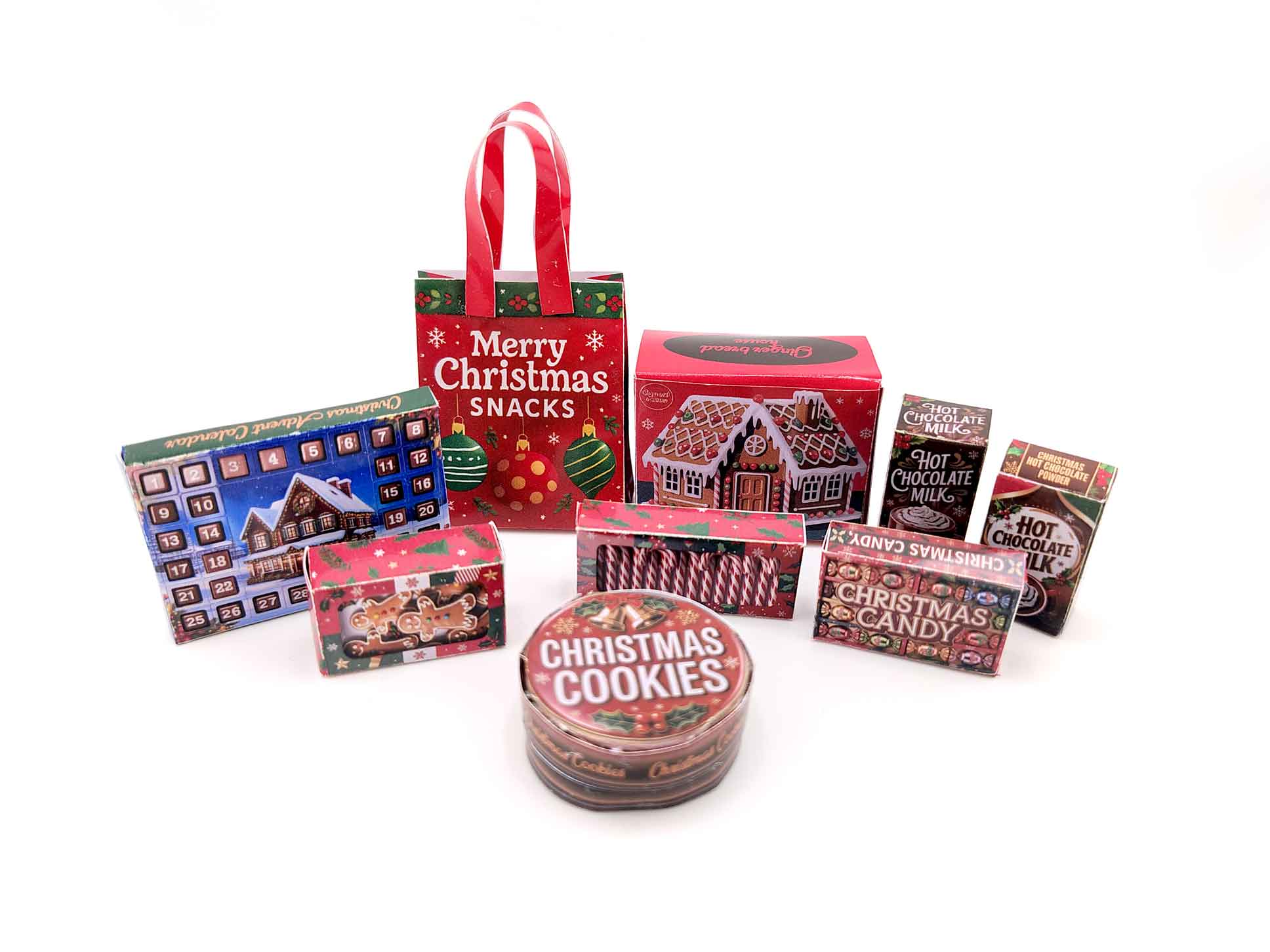 Christmas Snack Packaging 1:6 scale dollhouse food, 8 snack box and 1 bag, ginger bread house, candy canes, cookie, Hot chocolate