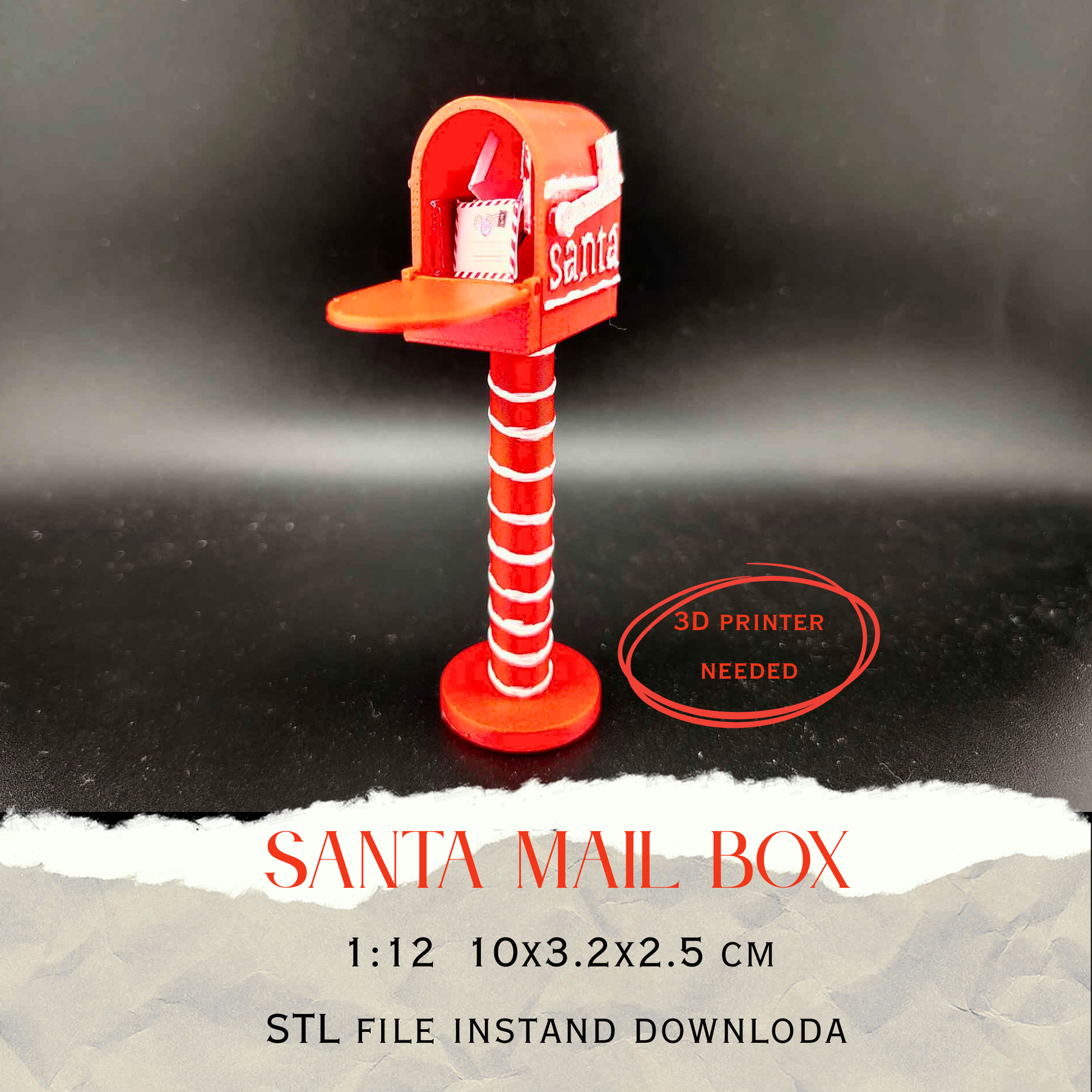 Openable Santa Christmas Mail Box with Envelope and Christmas card for 1:12 dollhouse outdoor decoration, mechanic 3d toy