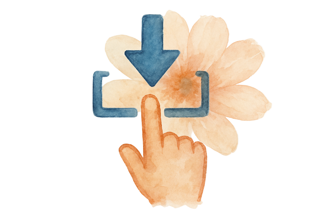 a download icon with a finger in a white background, water print style, flower behind the icon