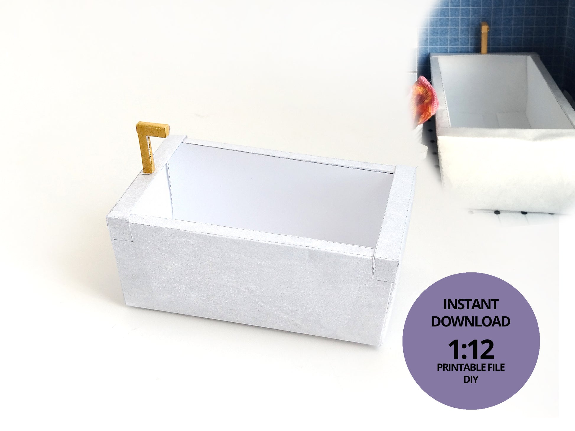 A digital printable template for a 1:12 scale dollhouse bathtub, designed for BMM shoe box bathroom scenes. The template features a detailed, elegant bathtub with clean lines, ready to be printed on regular paper, cut, and assembled for a miniature bathroom setup.