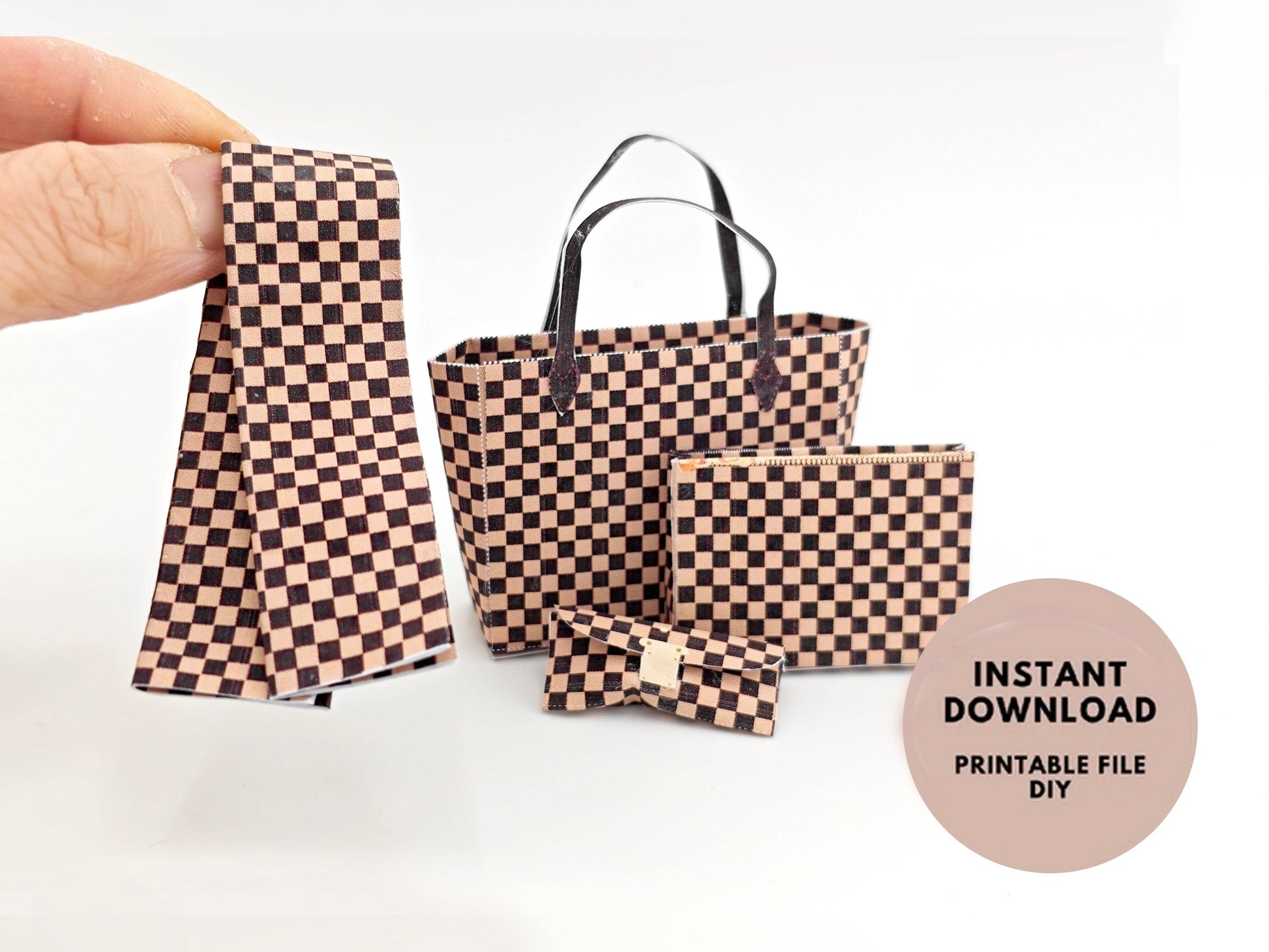 1:6 Luxury brown checker board pattern tote, purse and scarf for dollhouse and department store, 4 styles, luxury house decorations