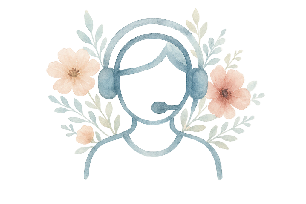 customer support icon, water print style, in a white backgrand, flower behind the icon.