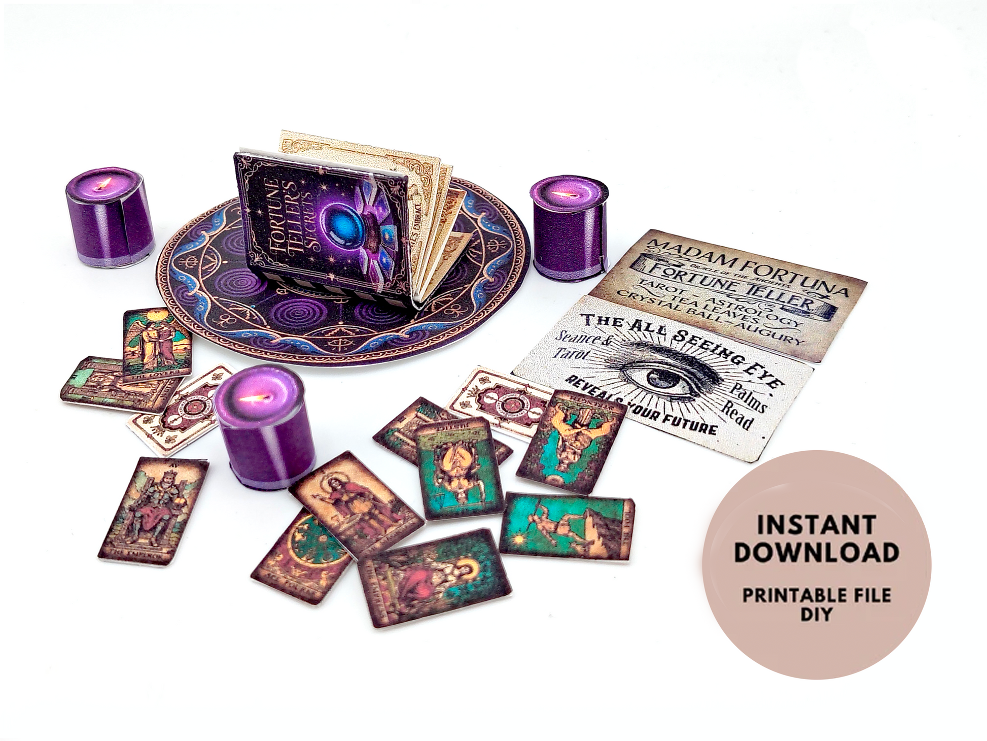 1:6 Fortune Teller Miniature Set — Purple Magic Book, Tarot Cards, Candles, Signs & Wizard Tools