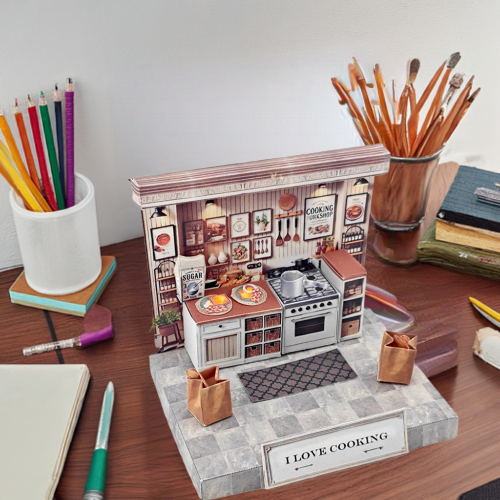 I love Cooking kitchen DIY miniature kit, backdrop, diorama, arts, design, mini kitchen, mini house, art & craft hobby, craft kit