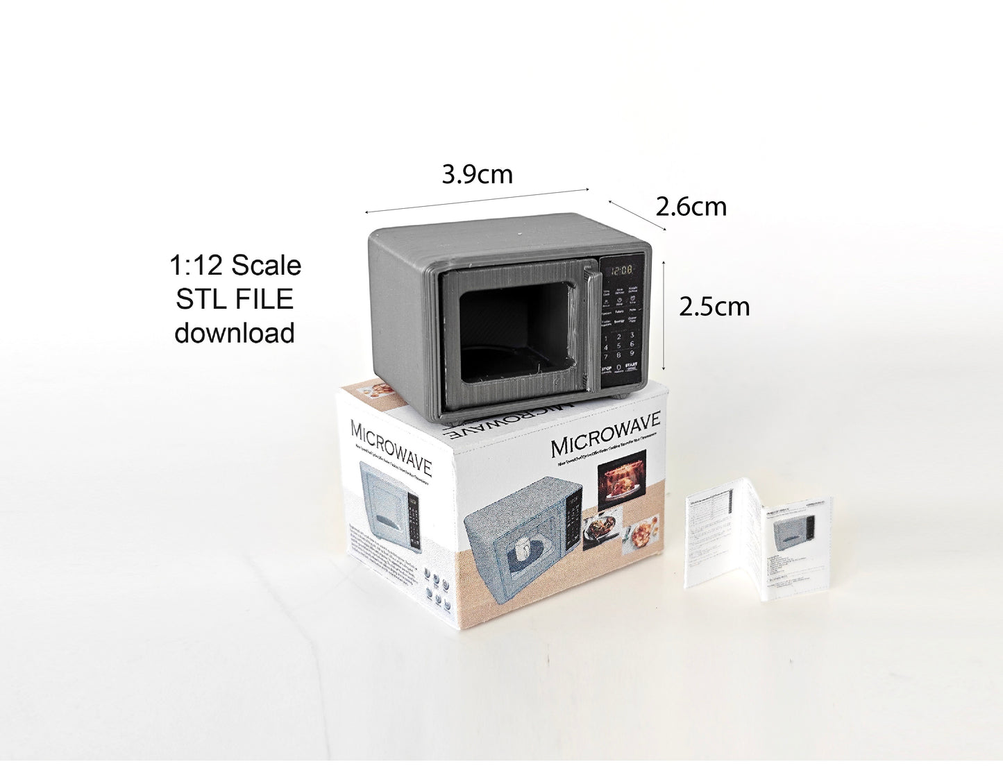 A 1:12 scale 3D-printed dollhouse kitchen setup featuring an openable microwave, mini cookware, and a pot, accompanied by a printable box and manual, arranged to create a detailed miniature cooking scene for diorama or dollhouse enthusiasts.