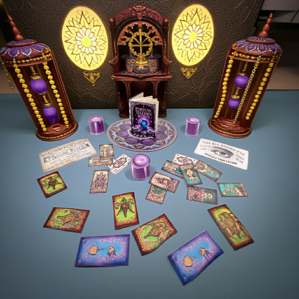 1:6 Fortune Teller Miniature Set — Purple Magic Book, Tarot Cards, Candles, Signs & Wizard Tools