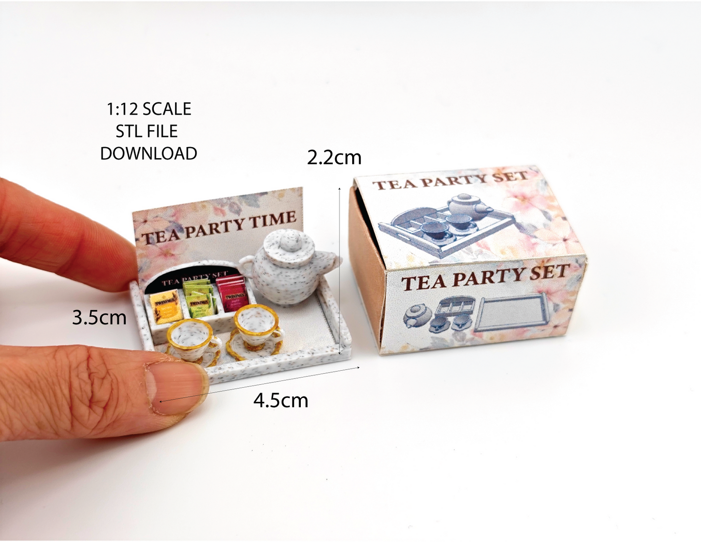 1:12 5 items Tea Party Set and box, mini tea pot, tea box display. tea bags, cups and plates and Tea Party Tray, 3D printing STL