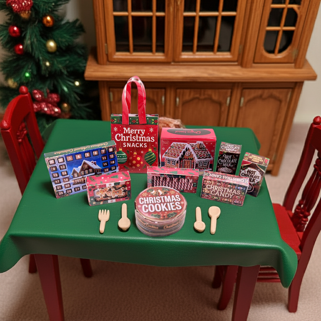 Christmas Snack Packaging 1:12 scale dollhouse food, 8 snack box and 1 bag, ginger bread house, candy canes, cookie, Hot chocolate