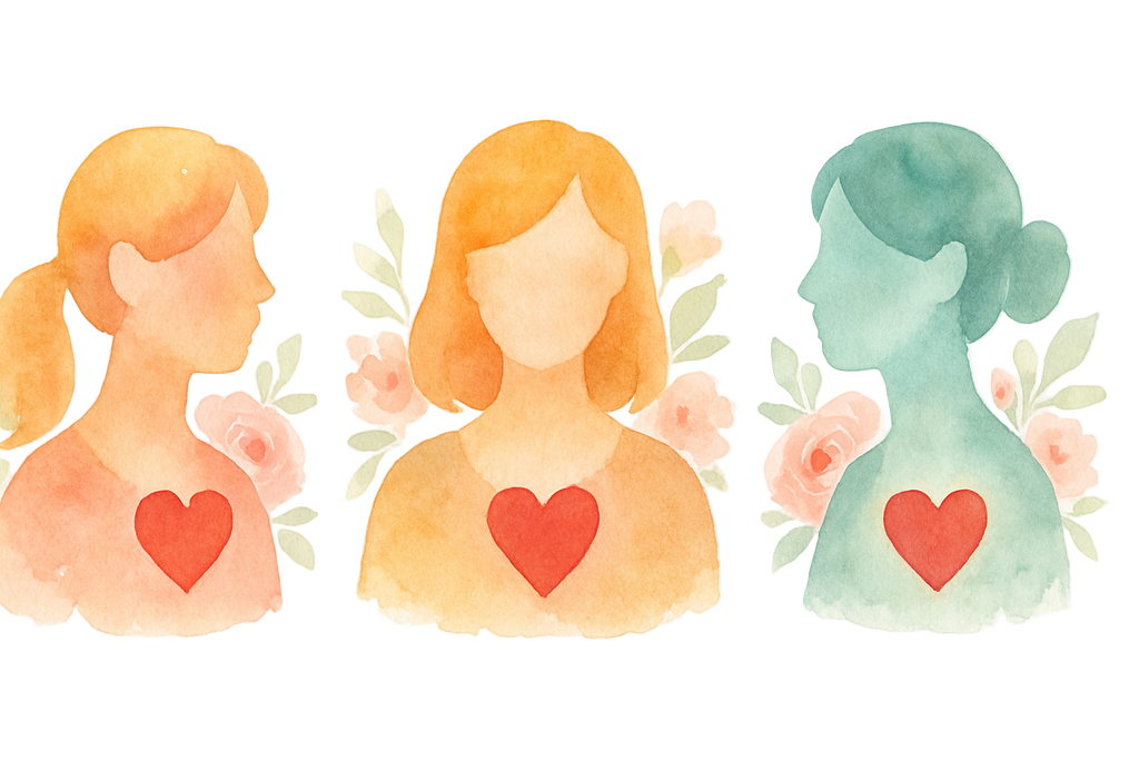 three women customer they love icon, in a water print style,  flower behind icon