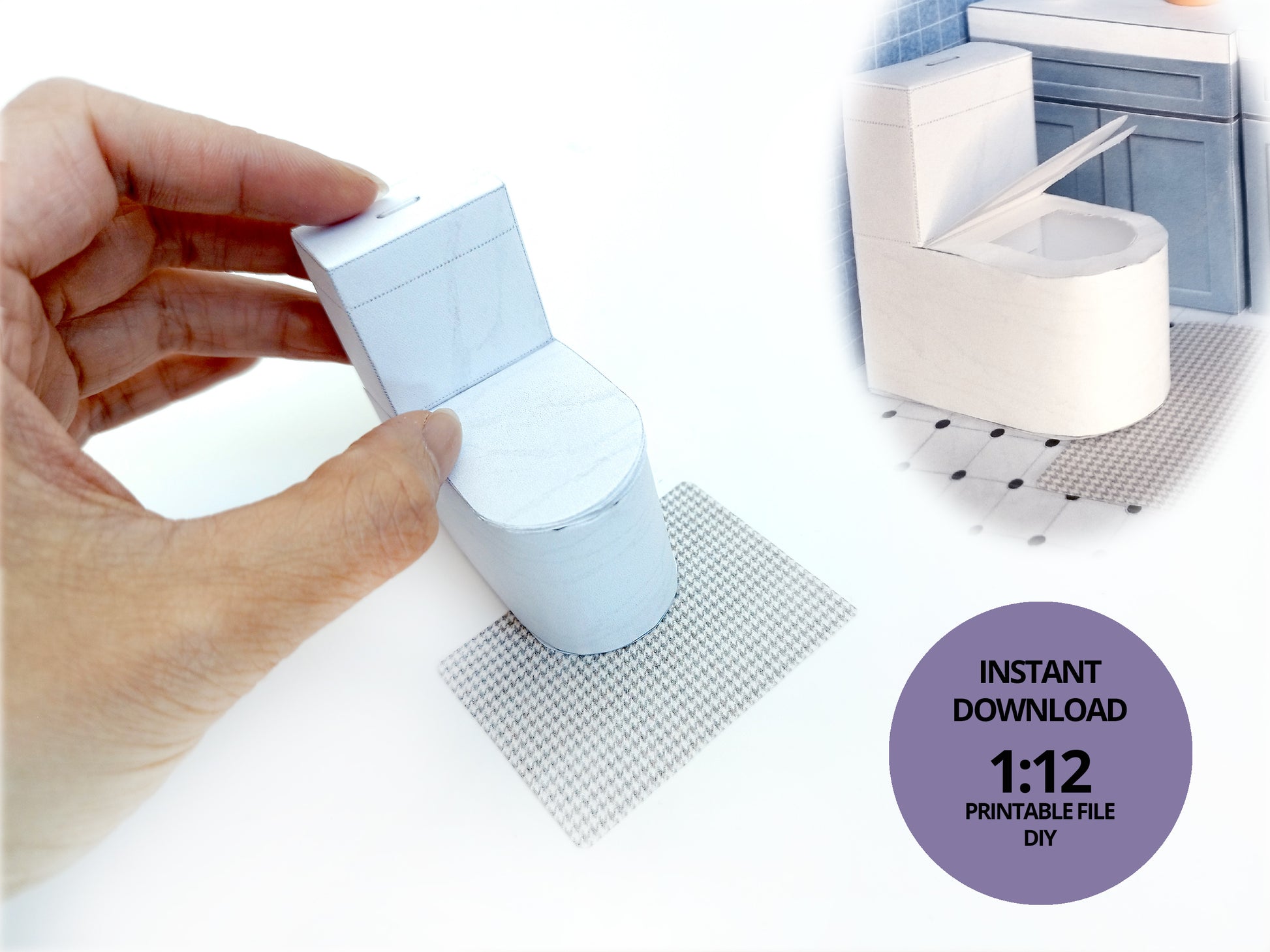 A digital printable template for a 1:12 scale dollhouse white toilet and matching carpet, designed for BMM shoe box bathroom scenes. The template includes a detailed, modern white toilet and a textured carpet, ready to be printed on regular paper, cut, and assembled for a miniature bathroom setting.