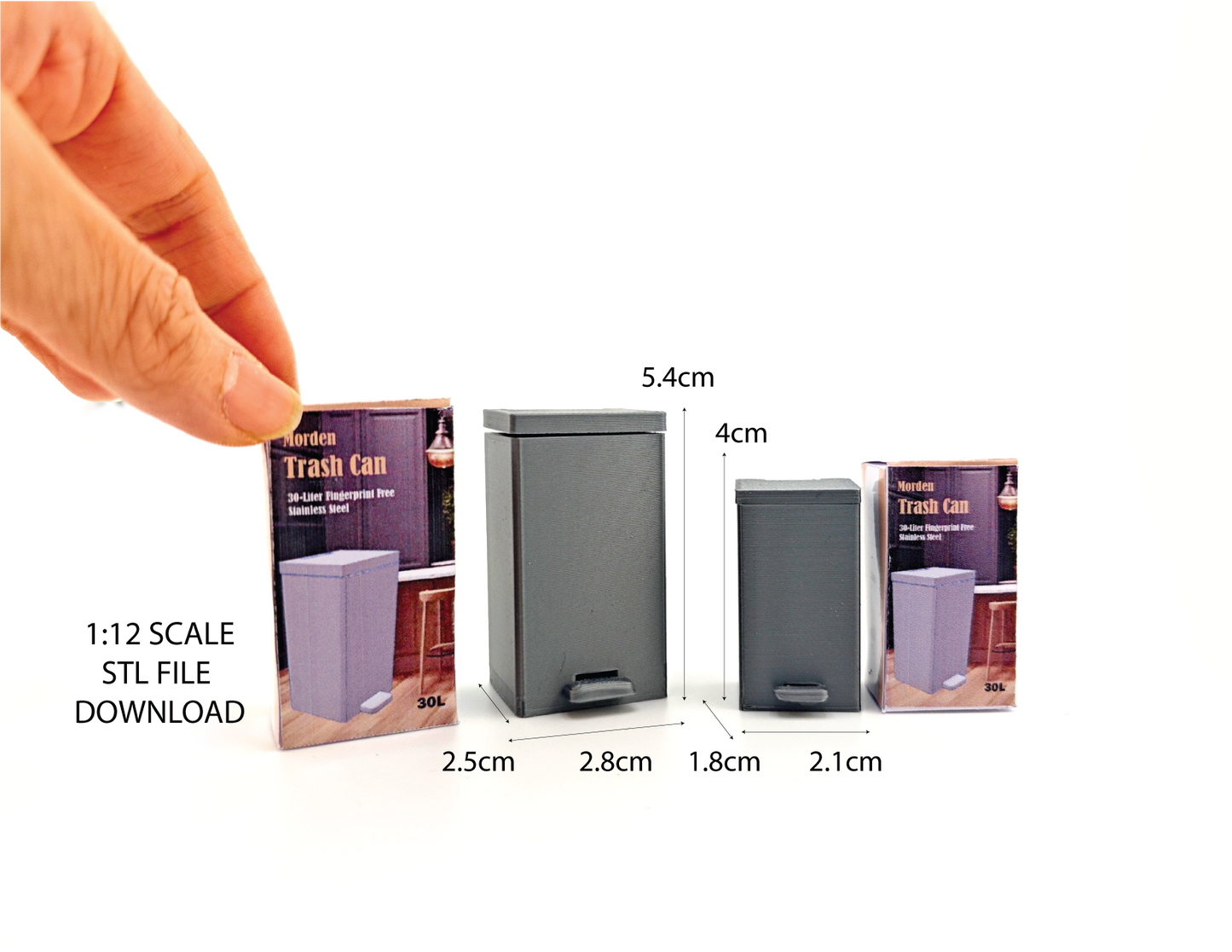 1:12 scale miniature trash can model, perfect for dollhouses, dioramas, or miniature scenes such as a kitchen or living room. The model replicates a modern, dual-compartment trash can with capacities of 30L and 15L in real-world scale (scaled down proportionally to 1:12), featuring a functional pedal mechanism for hands-free operation.