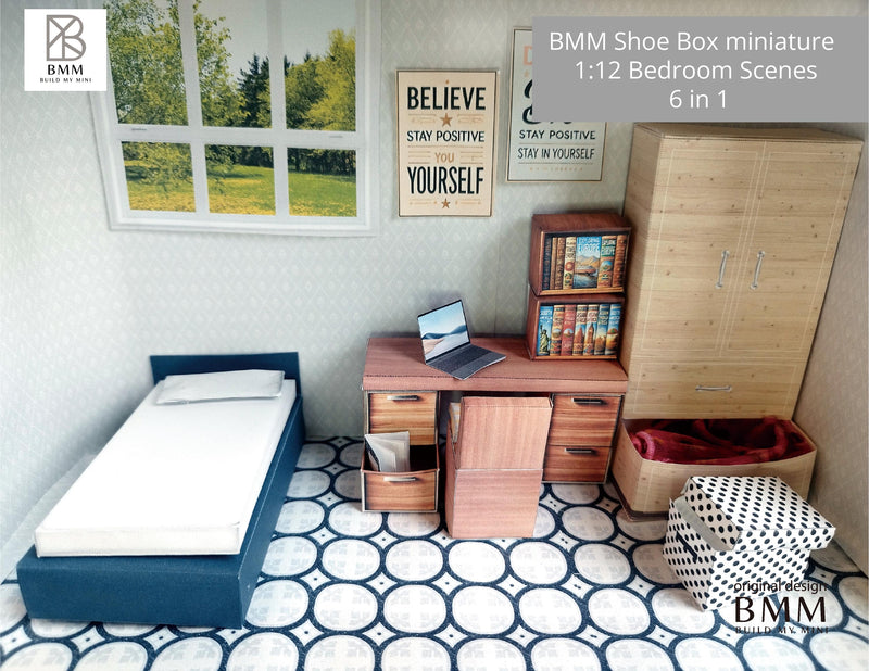 BMM Shoebox Kit 1:12 / 4 inch doll, Bedroom scenes 10 in 1, Sink, Tub, Toilet, mirror,Printable Dollhouse furniture, DIY, recycle project, diorama