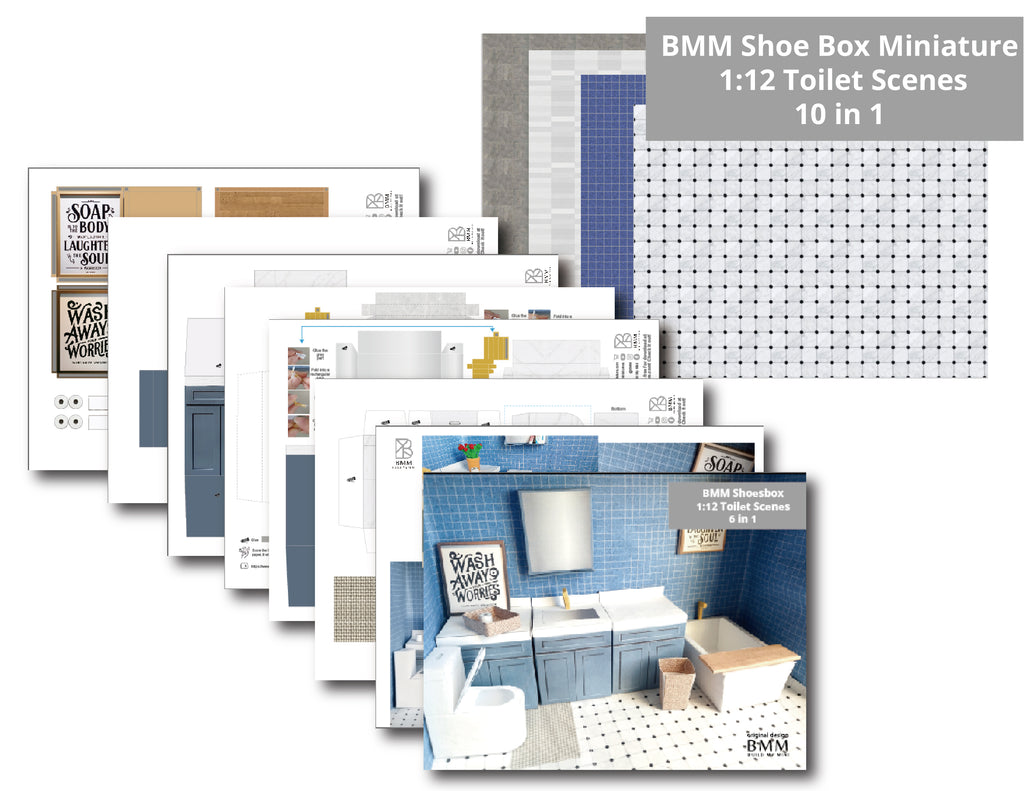BMM Shoe Box Miniature, 1:12/ 4-5 inch doll , Bathroom scenes 10 in 1, Sink, Tub, Toilet, mirror,Printable Dollhouse furniture, DIY, recycle project, diorama