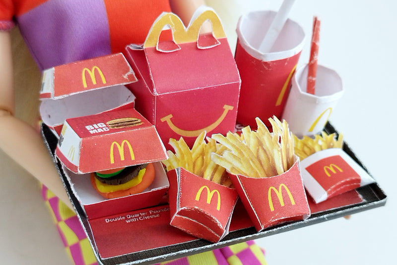 10 pieces McDonald's Meal and Happy Meal Set - Printable Fast Food for 1:6 doll
