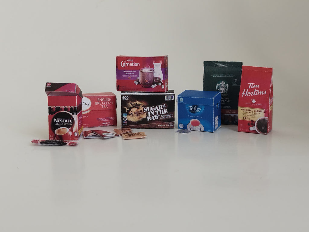 11 items, 1 :6 Hot tea, coffee with sugar, printable pantry, individual tea bags, coffee bags and sugar, printable miniature template
