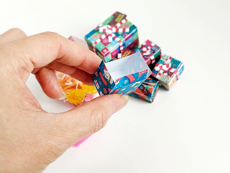 1:6 scale Christmas wrapping bags set with 8 colorful open-box designs for dollhouse gift display