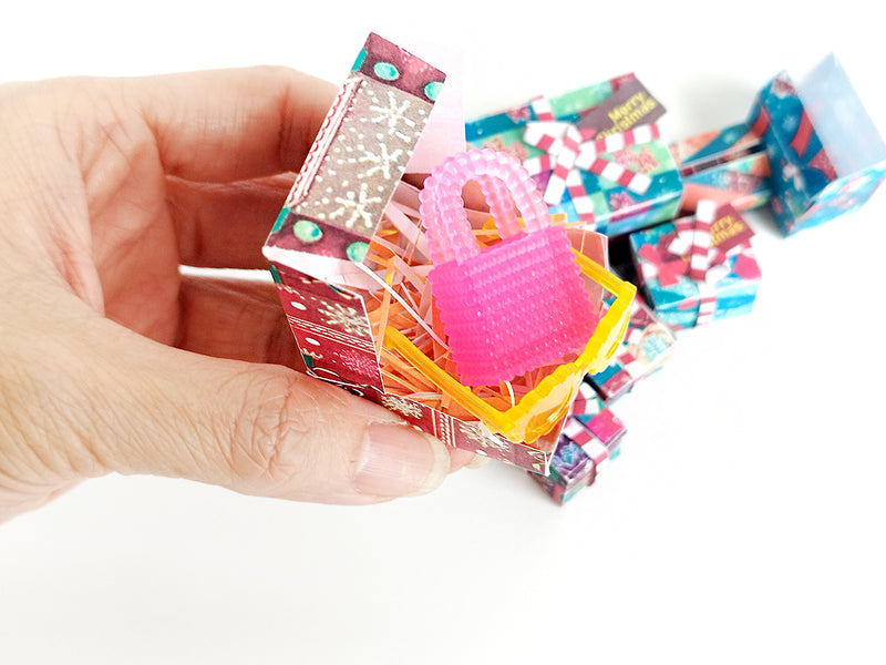1:6 scale Christmas wrapping bags set with 8 colorful open-box designs for dollhouse gift display