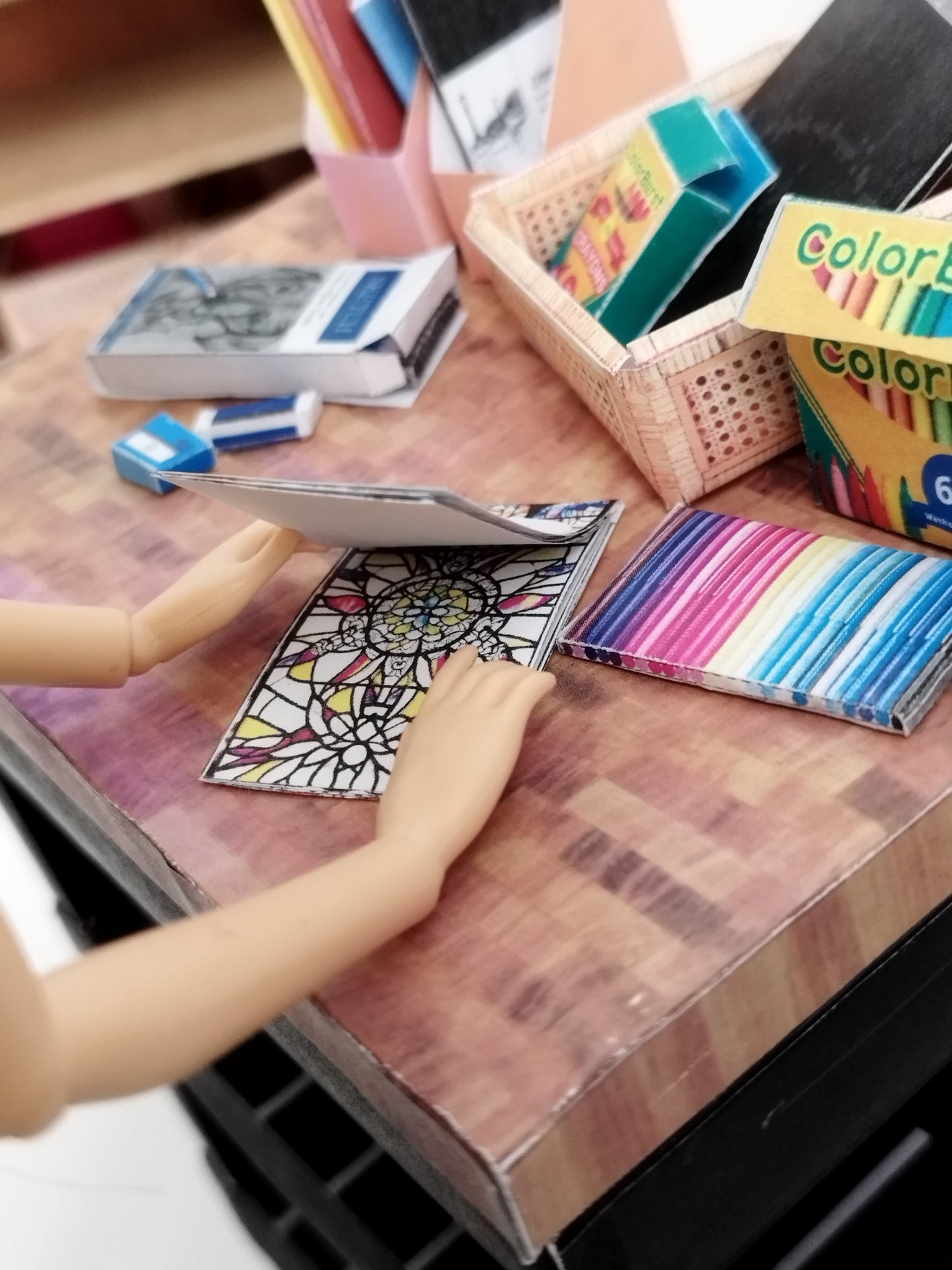 Desk setup coloring and sketching hobby for dolls and barbies  1:6 8 styles miniature crayon coloring and sketch stationaries