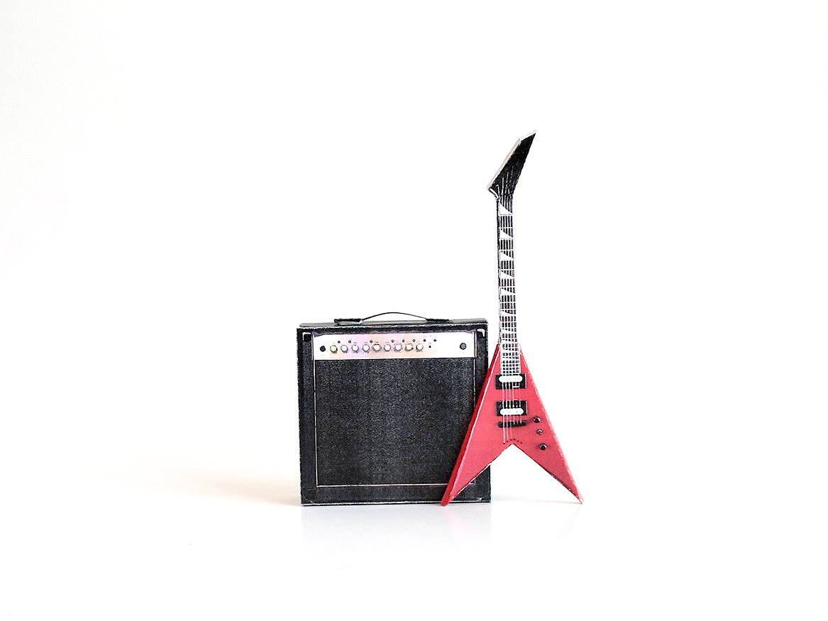 1:6 Mini Red Electric Guitar with amp, DIY Miniature Music Instrument printable template for Dollhouse home decoration and accessory