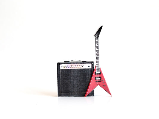 1:6 Mini Red Electric Guitar with amp, DIY Miniature Music Instrument printable template for Dollhouse home decoration and accessory