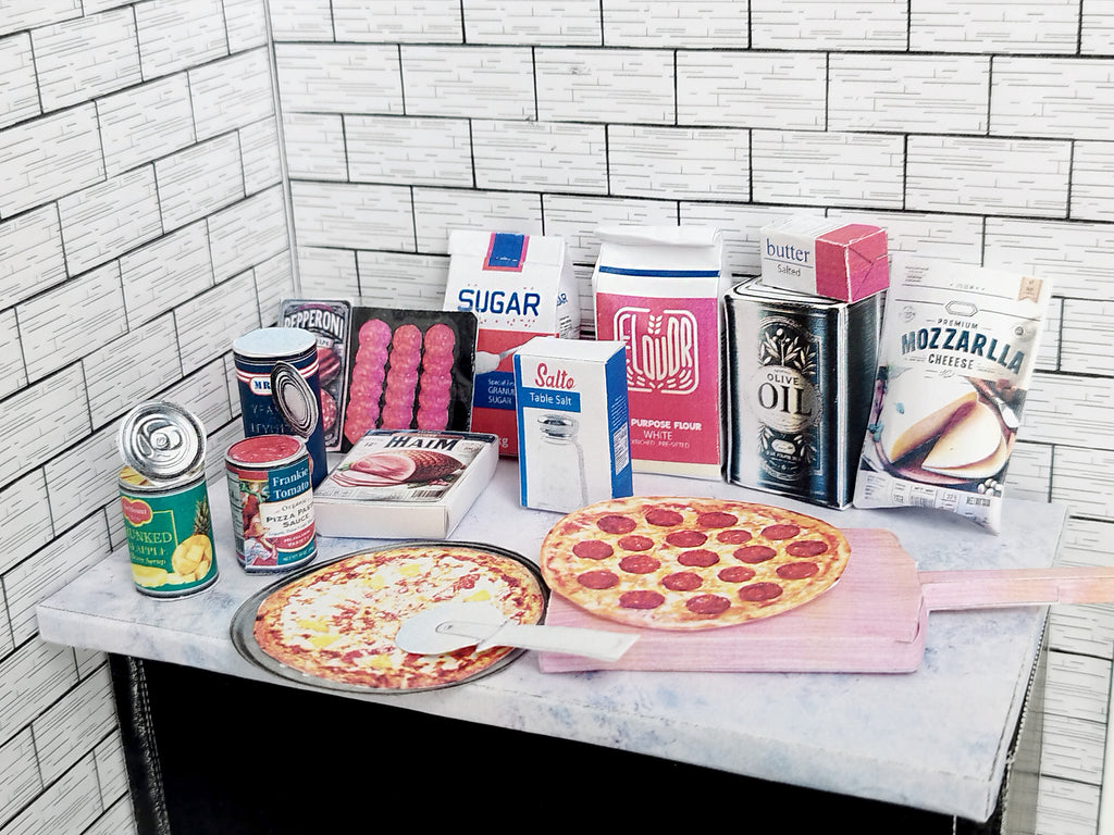 1:6 scale printable miniature pizza set with 16 pieces including pizzas, pizza boxes, and accessories for dollhouse supermarket or pizza shop