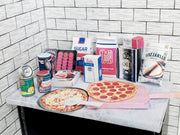 1:6 scale printable miniature pizza set with 16 pieces including pizzas, pizza boxes, and accessories for dollhouse supermarket or pizza shop