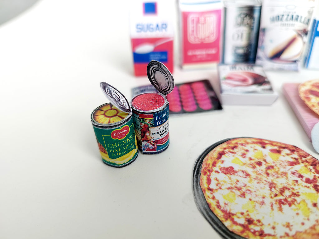 1:6 scale printable miniature pizza set with 16 pieces including pizzas, pizza boxes, and accessories for dollhouse supermarket or pizza shop