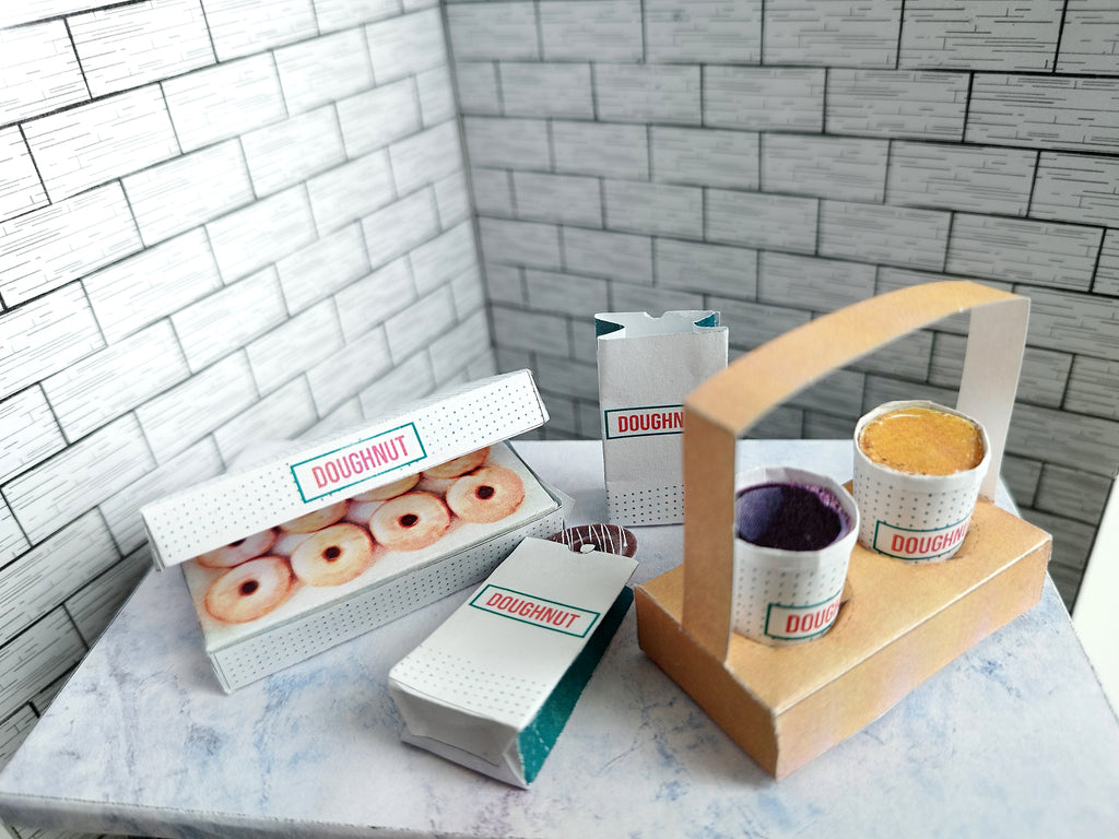 Printable dollhouse fast food set with doughnuts, coffee, and tray, DIY miniature template for dolls.