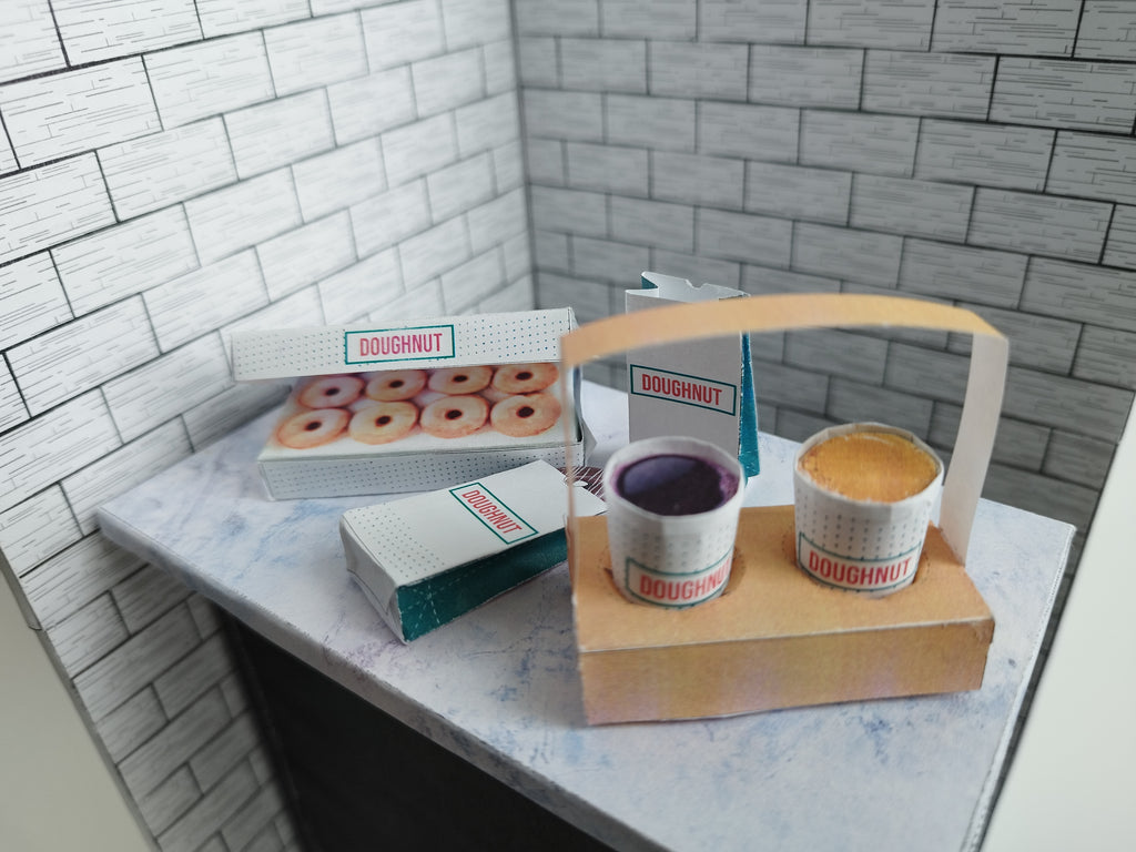 Printable dollhouse fast food set with doughnuts, coffee, and tray, DIY miniature template for dolls.