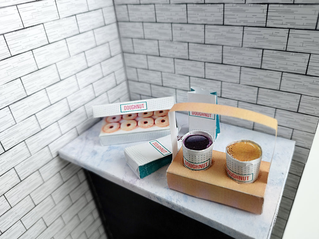 Printable dollhouse fast food set with doughnuts, coffee, and tray, DIY miniature template for dolls.