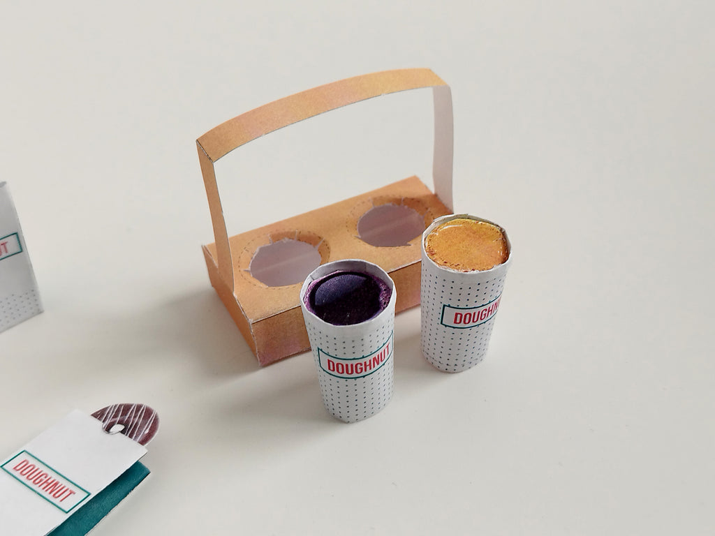 Printable dollhouse fast food set with doughnuts, coffee, and tray, DIY miniature template for dolls.