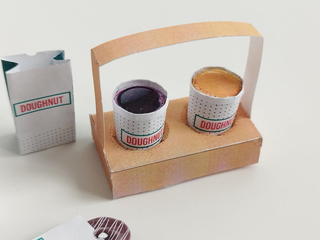 Printable dollhouse fast food set with doughnuts, coffee, and tray, DIY miniature template for dolls.