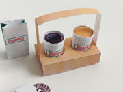 Printable dollhouse fast food set with doughnuts, coffee, and tray, DIY miniature template for dolls.
